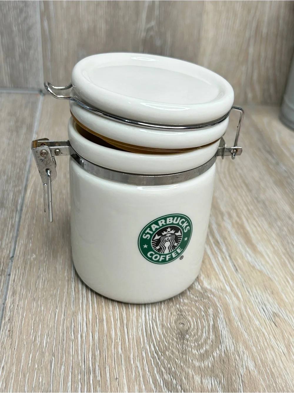 Starbucks White Ceramic Canister with Green Logo and Silver Clasp